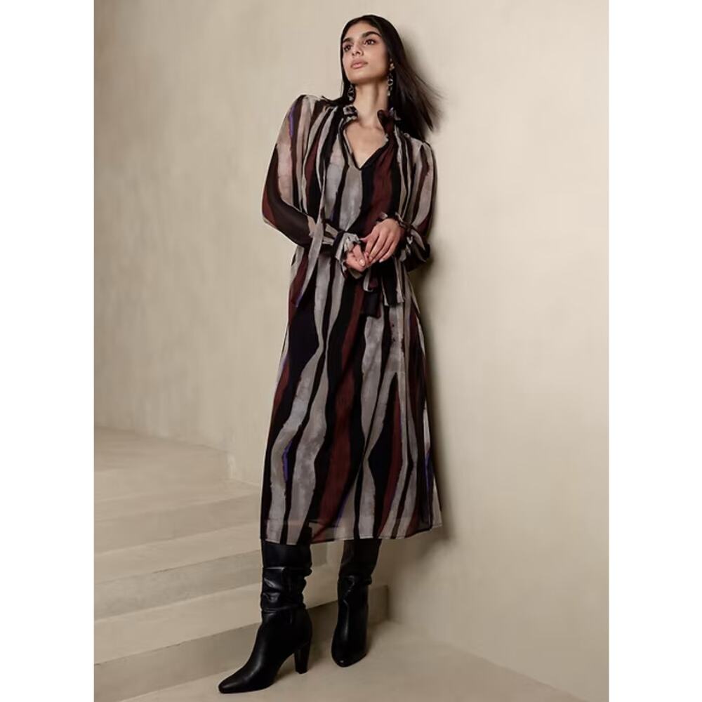 Banana Republic Striped Fit-and-Flare Midi Dress Belted Boho Earthy Medium